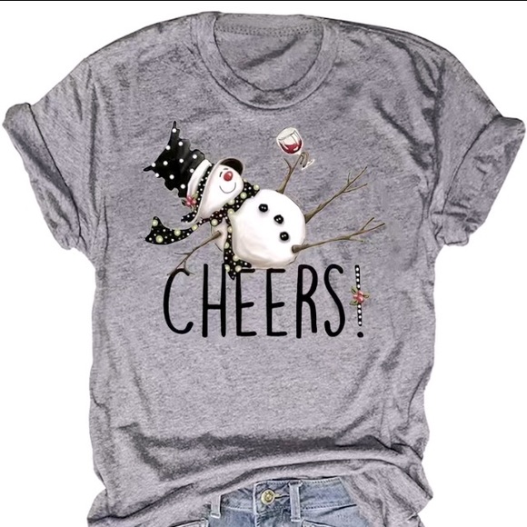 Tops - Christmas Snowman Cheers Print T-shirt Casual Short Sleeve Crew Neck Gray 8/10